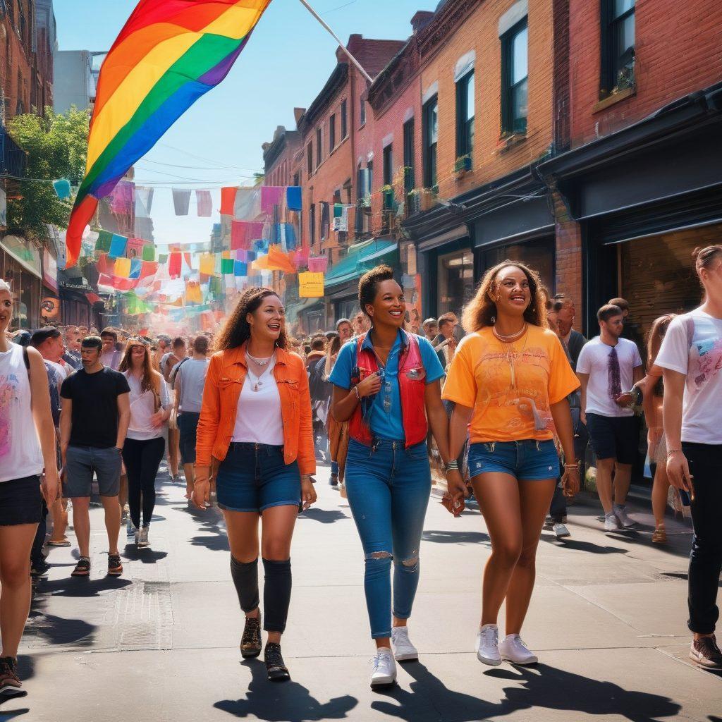 A vibrant city street scene featuring diverse LGBTQ+ individuals engaging with each other, showcasing colorful street art and a lively atmosphere. Include elements of video cameras and smartphone filming to represent the street gay videos theme. Bright neon lights and rainbow flags should create a sense of inclusivity and celebration. Style the image in a super-realistic manner with vibrant colors.