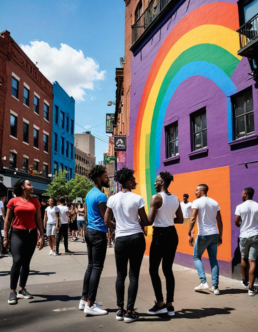A vibrant city scene depicting diverse queer individuals joyfully engaging with various city elements, such as colorful murals, street performances, and community gatherings. Include dynamic video screens showcasing snippets of city gay videos, capturing moments of pride and identity. Emphasize a sense of motion and interaction, with people expressing themselves through dance and art. The backdrop should be a blend of urban architecture with rainbow colors illuminating the atmosphere. super-realistic. vibrant colors. urban style.