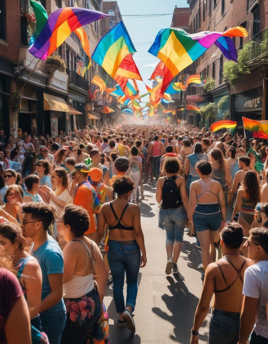 An exuberant street scene showcasing a vibrant LGBTQ+ parade filled with colorful floats, adorned with rainbow flags and passionate participants dressed in eclectic costumes. The backdrop features urban murals representing diversity and inclusion, while diverse crowds celebrate in joy, holding signs of love and acceptance. Sunlight shines down, bathing the scene in a warm glow, with alternative media elements like smartphones capturing the moment. super-realistic. vibrant colors. urban setting.